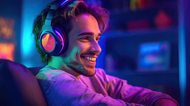 Happy teenager girl gamer wear headphone participation play online game  colorful neon lights computer in game cafe. Esport streaming game online,  Home quarantine activity concept. Generative Ai 29153114 Stock Photo at  Vecteezy