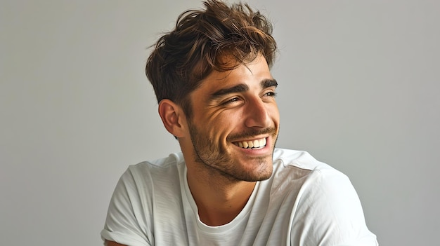 Joyful young man laughing in casual style Contemporary portrait ideal for advertising and modern lifestyle concepts Studio shot with clean background AI