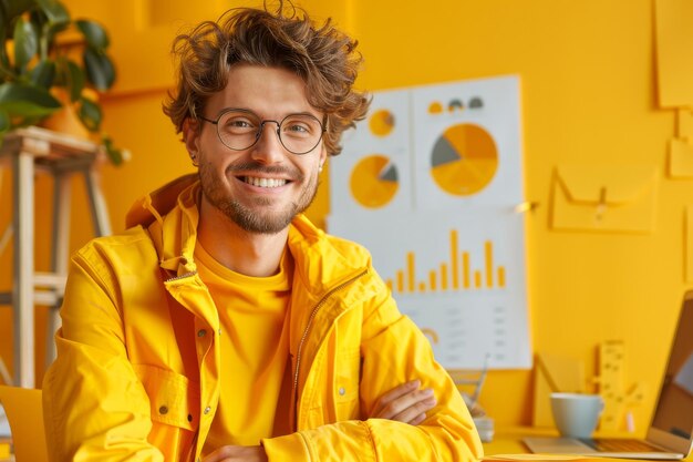 Joyful young man with curly hair and glasses in a sunny modern yellow office smiling creative