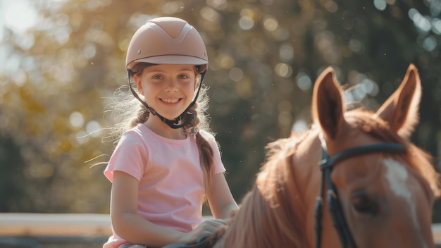 Joyful young rider in helmet smiling atop a horse in the golden hour