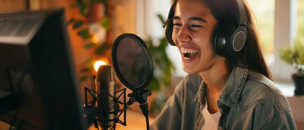 Joyful young singer recording a podcast her laughter echoing through the music studio