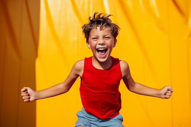 Photo joyful young spirit boy in red shorts celebrating against yellow