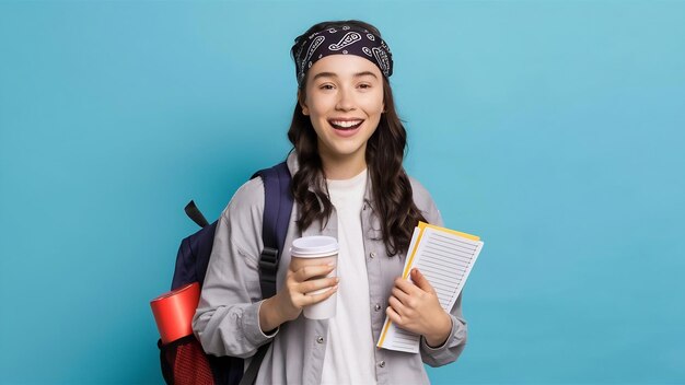 Joyful young student girl wearing bandana and backpack holding note pads and paper coffee cup looki