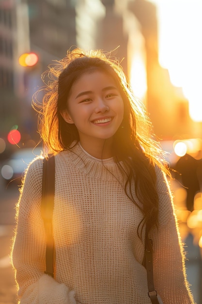 A joyful young woman bathed in golden sunlight in an urban environment