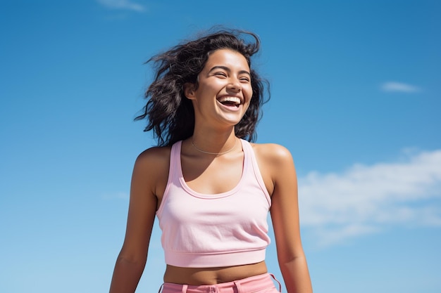 Joyful Young Woman in Casual Tank Top Against Sky Blue Background