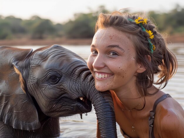 Photo joyful young woman enjoying a unique moment with a baby elephant by the riverside at sunset