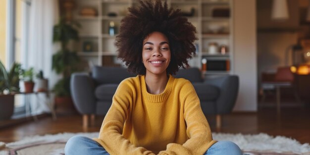 A Joyful Young Woman Is Seated Comfortably At Home Radiating Happiness