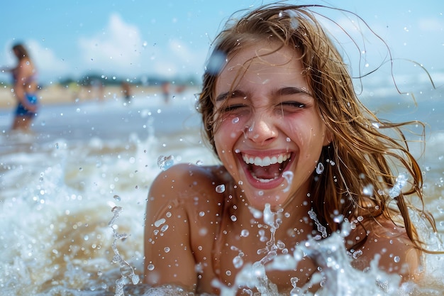 Foto una giovane donna gioiosa che ride e si spruzza nelle onde dell'oceano in una spiaggia soleggiata