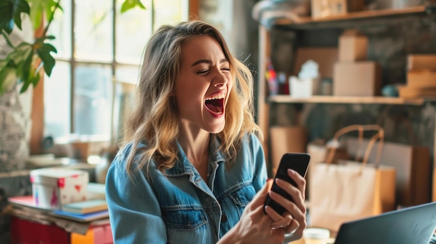 Joyful young woman looking at her phone standing in a storeroom or warehouse environment filled with cardboard boxes