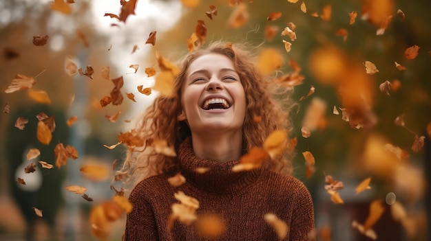 Joyful young woman rejoices in autumn tossing fallen yellow leaves in the park