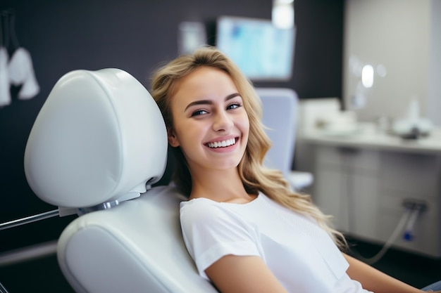 Joyful Young Woman Relaxing in Dental Chair Patient Smiling Generative AI