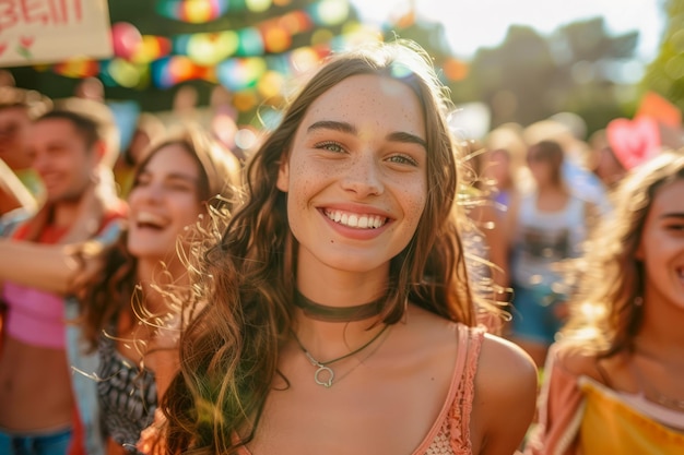 Joyful Young Woman Smiling During Summer Festival with Friends Enjoying Music and Celebrations in