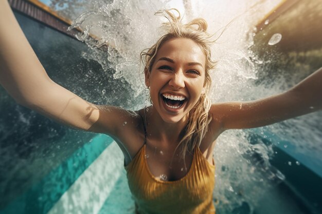 Foto giovane donna gioiosa che spruzza acqua in una piscina in una giornata di sole