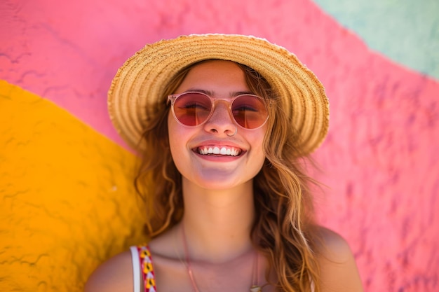 Joyful young woman in sunglasses and straw hat smiling against a vibrant multicolored background