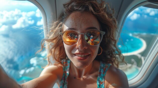 Photo joyful young woman taking selfie in airplane over tropical island