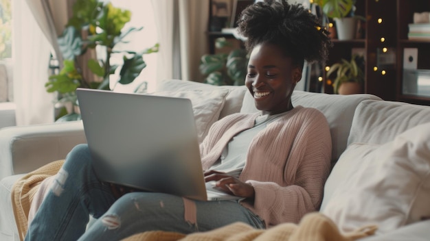 집 의 소파 에 편안 하게 누워 있는 노트북 을 사용하는 즐거운 젊은 여자