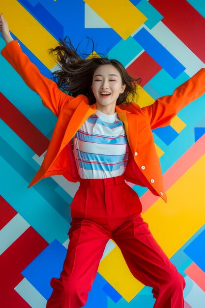 Joyful Young Woman in Vibrant Orange Blazer and Red Pants Celebrating with Enthusiasm Against a