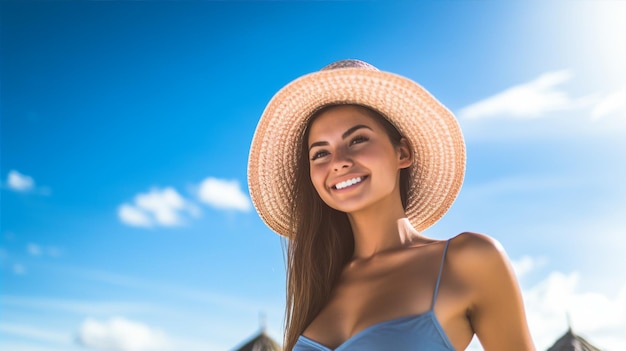 Joyful young woman wearing a sun hat smiling against a bright blue sky with fluffy white clouds