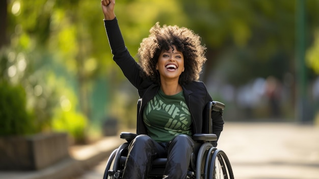 Photo joyful young woman in a wheelchair is raising her fist in the air with a look of excitement and triumph on her face outdoors in a park setting