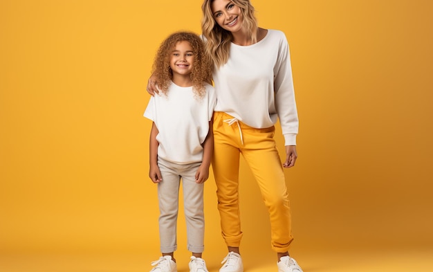 A joyful young woman with a baby girl on a yellow background