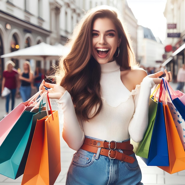 joyful young woman with colorful bags after shopping on the street of shops