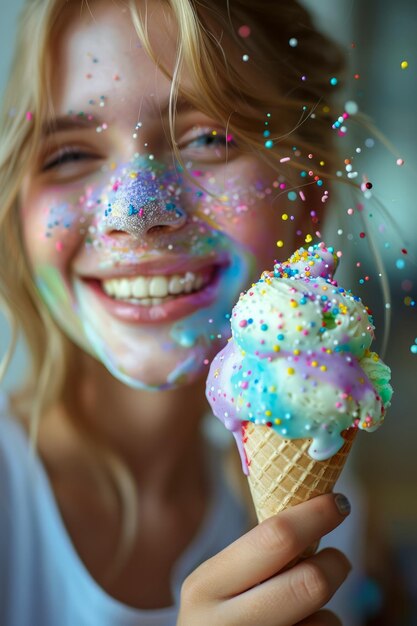 얼굴에 다채로운 스프링클을 뿌린 즐거운 젊은 여성이 아이스크림 콘을 들고 행복을 표현하고