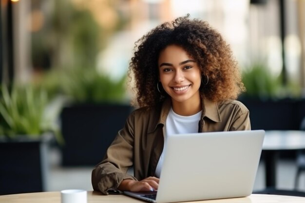 Photo joyful young woman with curly hair and a bright smile