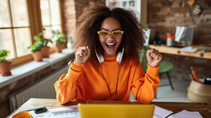 Photo joyful young woman with curly hair wearing glasses and an orange sweater raising her fists in excitement while wearing headphones and sitting in front of a laptop