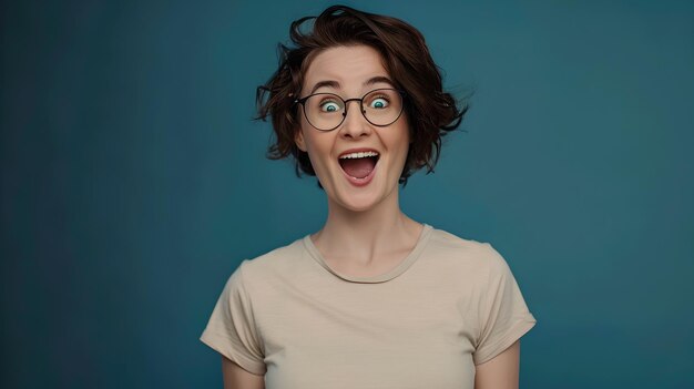 Foto giovane donna gioiosa con gli occhiali che sorride ampiamente contro uno sfondo blu espressione emotiva ritratto stile di vita quotidiano concetto ai