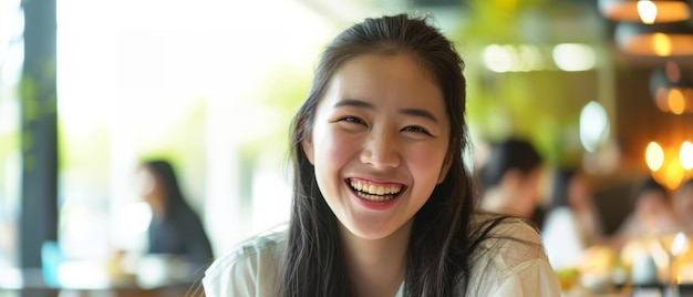 Joyful young woman with a radiant smile embodying happiness and youthful spirit in a cafe setting