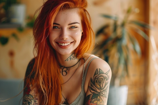 Joyful young woman with red hair and tattoos smiling happily