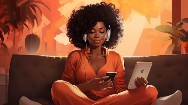 Photo joyfull black women and her smartphone