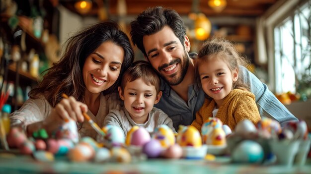 joyfully family painting Easter eggs at home kids and parents prepare for Easter