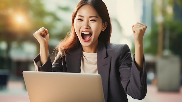 Photo joyous asian woman celebrating success on laptop
