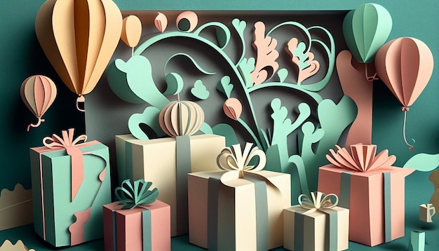 Joyous birthday presents in paper cut style Generative AI