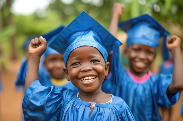 Joyous children in blue graduation caps celebrate their achievement