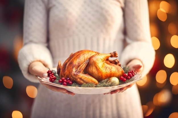 写真 喜ばしいクリスマスの祝い 豪華なトルコの夕食を手にした女性