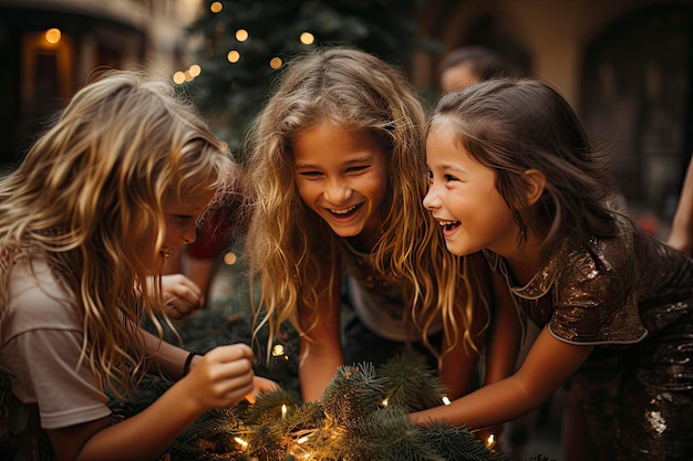 Foto buon natale e buone vacanze adorabili ragazze con le loro scatole di regali accanto all'albero a casa