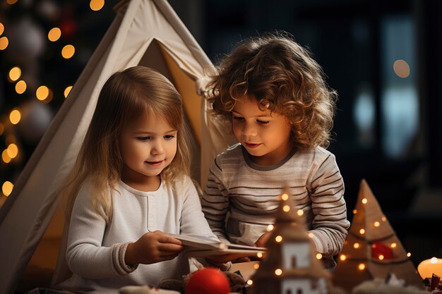 즐거운 크리스마스와 행복한 휴일 사랑스러운 어린 소녀들과 그들의 선물 상자