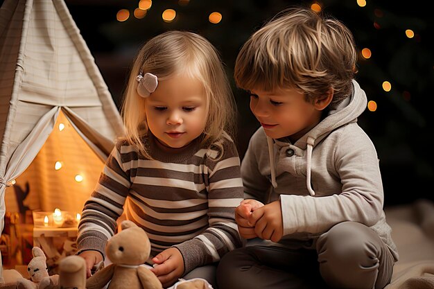 Joyous Christmas and Happy Holidays Adorable young girls with their gift boxes