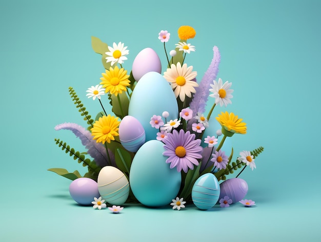 꽃 배열과 함께 3D 미니멀리즘 작곡으로 즐거운 부활절 축하