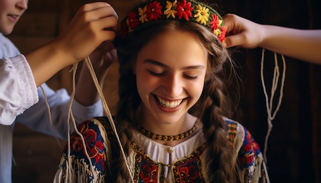 Photo the joyous expressions of people in romania as they pin martisor to their clothing