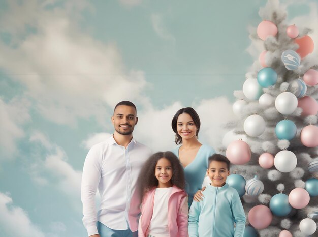 A joyous family with children surrounded by the festive glow of a Christmas tree