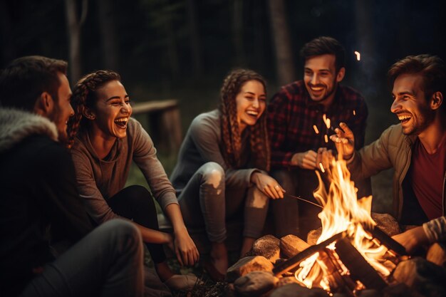 Joyous group laughing and bonding around a campfire embodying friendship and fun during a wildernes