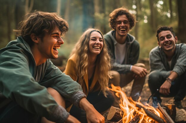 Joyous group of millennials laughing and bonding around a campfire embodying friendship and fun