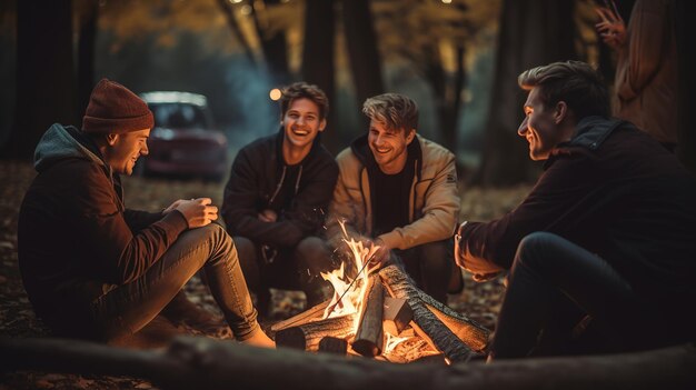 Joyous group of millennials laughing and bonding around a campfire embodying friendship