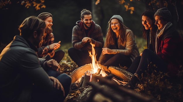 Joyous group of millennials laughing and bonding around a campfire embodying friendship