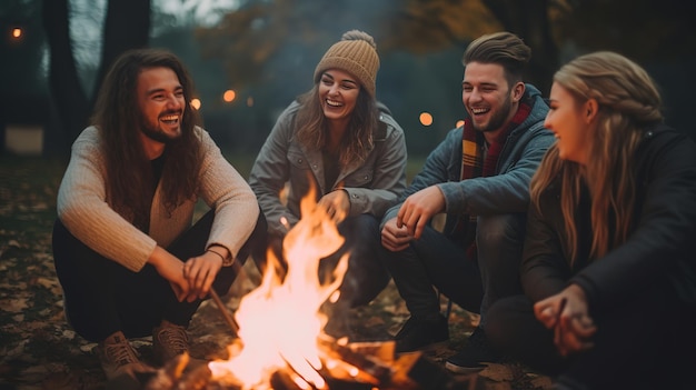 Joyous group of millennials laughing and bonding around a campfire embodying friendship