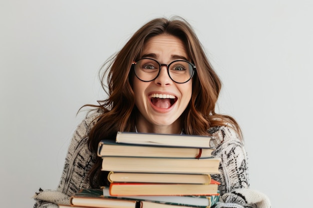 Foto gioiosa bibliotecaria circondata da libri su sfondo bianco