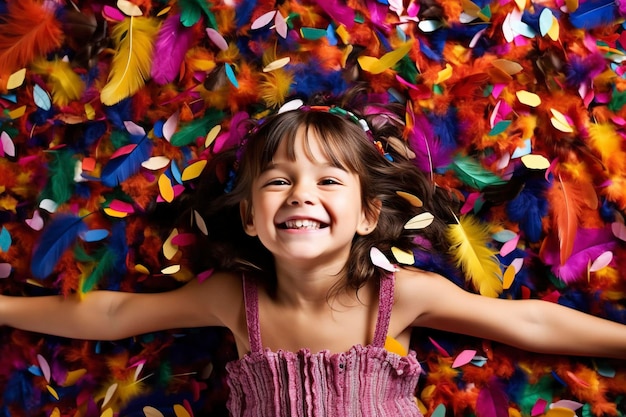 Joyous moment as a happy smiling girl is surrounded by an explosion of funny colored feathers AI Generated